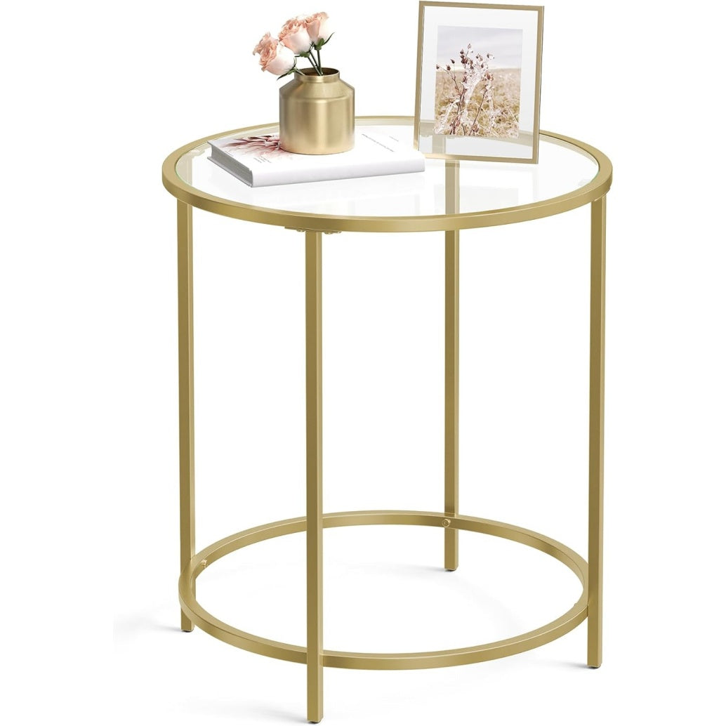 Runder Beistelltisch mit Hartglasplatte und Metallgestell, Gold und Transparent
