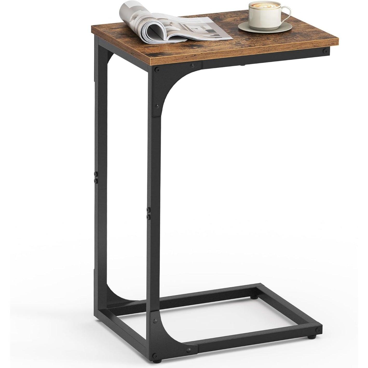 Beistelltisch in C-Form mit Metallgestell, Vintagebraun und Schwarz
