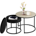 Rundes Couchtisch-Set mit 2 Tischen und verstecktem Stauraum, Naturbeige und Tintenschwarz