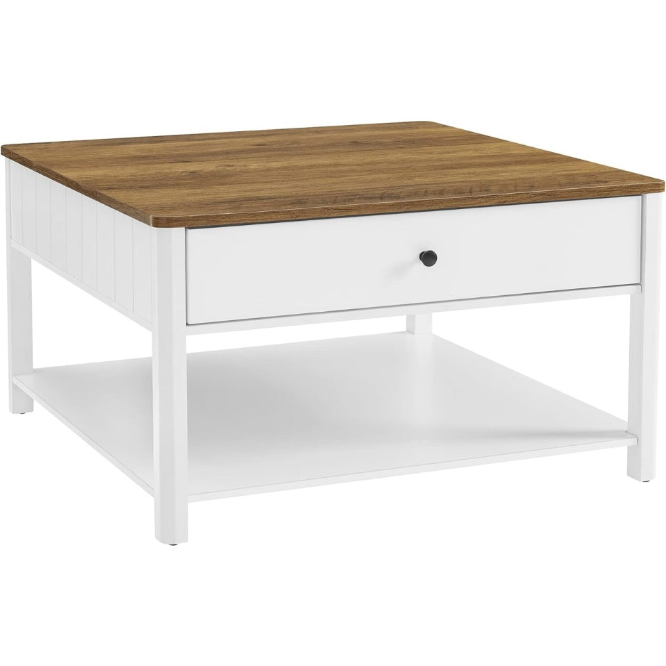 Couchtisch mit 2 gro?en Schubladen und Stauraum, 80 ¡Á 80 ¡Á 45 cm, Walnussbraun und Wei?