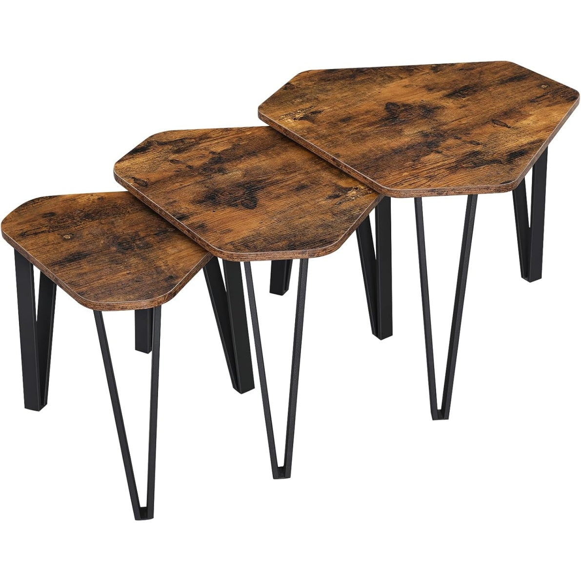 Beistelltisch-Set mit 3 Satztischen und Metallbeinen, Vintagebraun und Schwarz