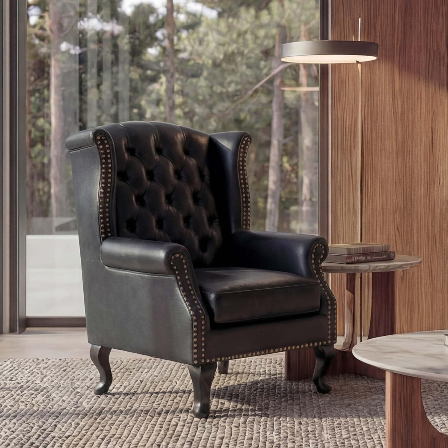 Chesterfield-Relaxsessel aus schwarzem Kunstleder