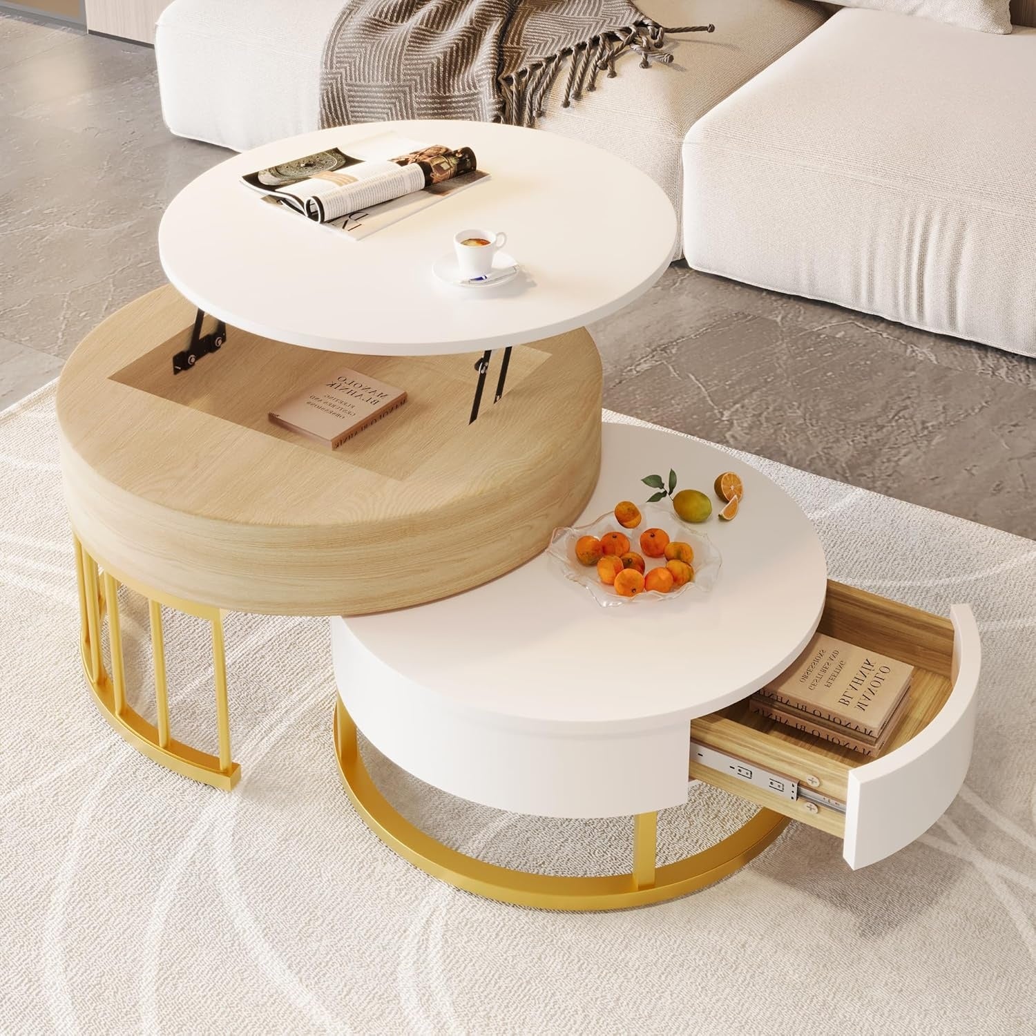 Rundes Couchtisch-Set mit Goldgestell, hochklappbarer Tischplatte und 2 Schubladen