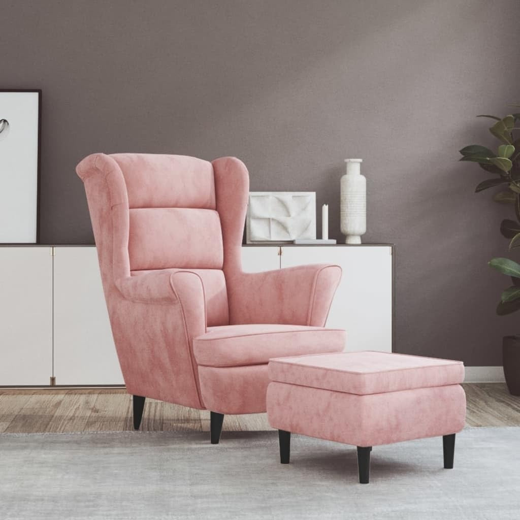 Ohrensessel mit Hocker und Polyesterbezug in Rosa