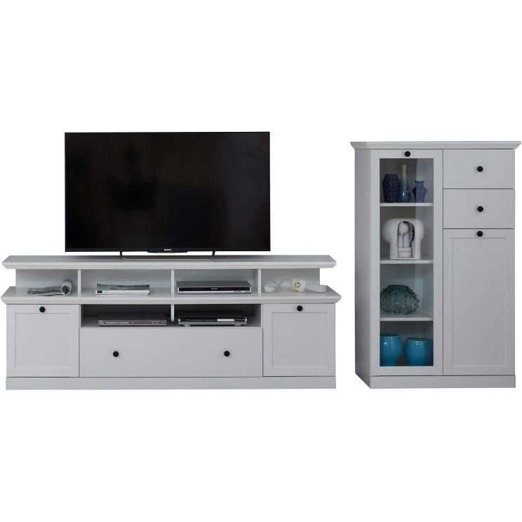 Wohnwand in Wei? mit Vitrine und TV-Lowboard inklusive Aufsatz, 273 ¡Á 129 ¡Á 41 cm